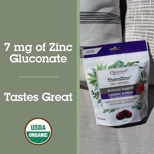 Quantum Health TheraZinc Organic Zinc Lozenges Elderberry Sambucus Raspberry & Honey Immune Support for Adults & Kids 12+ Naturally Flavored Fast Relief with No Aftertaste -18 Count (Package may vary)