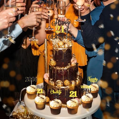 21st Birthday Decorations Cake Cupcake Toppers Set, Black Gold Glitter Happy 21stBirthday Cupcake Cake Topper Birthday Decorations for Him Her Boy Girls Men Women (1piece + 24pcs)