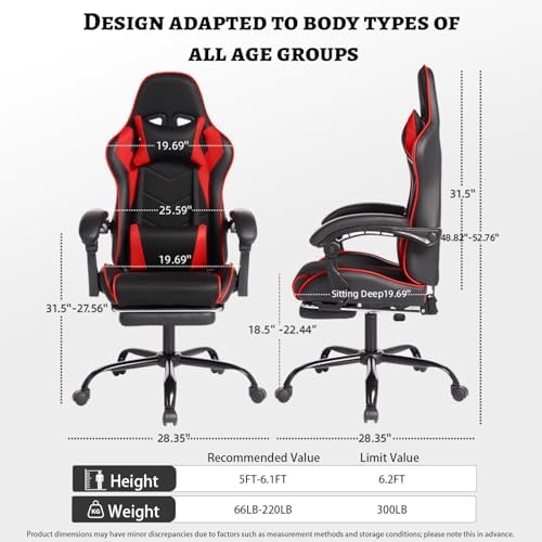Gaming Chairs with Headrest and Lumbar Support, PU Leather Reclining Gaming Chair with Footrest, Racing Style Computer Desk Chair, Adjustable Height & Backrest (Black+Red)