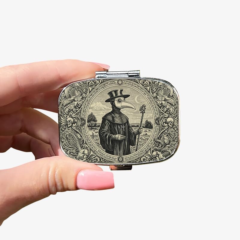 1pc Square Pill Box, Mini 2 Compartment Medicine Pill Organizer, Household Portable Medicine Storage Box, Vitamins Fish Oil for Pockets Purses Travel Unique Gift (Plague Doctor)