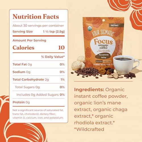 Four Sigmatic Organic Mushroom Coffee | Instant Mushroom Coffee Mix with Lion's Mane, Chaga and Rhodiola for Better Focus and Immune Support | 30 Serving Bag