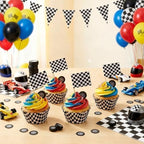 TecUnite 100 Pcs Race Car Checkered Flag Cupcake Wrappers Liners and 100 Pcs Cupcake Toppers Race Car Party Cake Decoration for Racing Checkered Theme Birthday Party (Black and White)