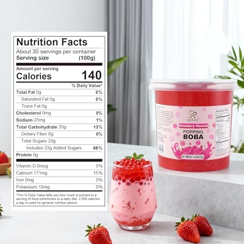 Soeos Strawberry Popping Boba Pearls 6.6 Pounds, Bursting Boba Pearls for Bubble Tea, Beverages, Shakes, Desserts, Smoothie and Ice Cream Topping, Vegan
