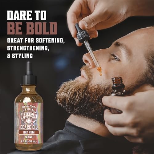 Viking Revolution Bay Rum Beard Oil for Men - Natural Softener and Conditioner with Argan & Jojoba Oils for Strengthening and Moisturizing