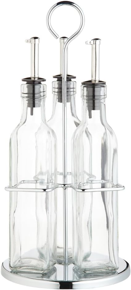 KitchenCraft World of Flavours, Oil and Vinegar Bottle Set with Stainless Steel Rack and Removable Cork, Oil Dispenser, Olive Oil Bottle and Vinegar Bottle Glass, 4 Piece Set