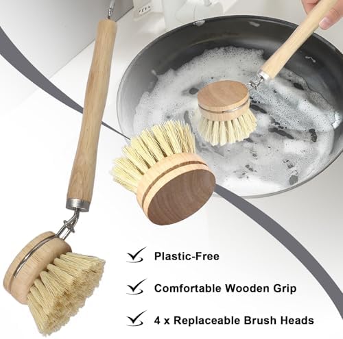 Wooden Dish Brush Set, 4 Natural Bristle Replacement Heads with 1 Sturdy Wooden Handle, Sisal Kitchen Scrub Brush for Pots, Pans, Vegetables and Cookware