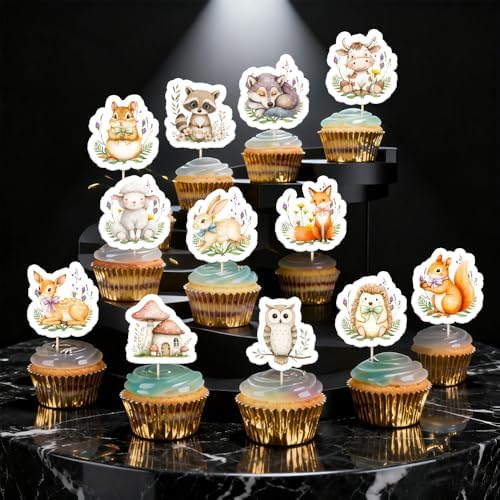48pcs Woodland Animal Cupcake Toppers, Animals Theme Baby Shower Decorations for Boys Girls Birthday Party