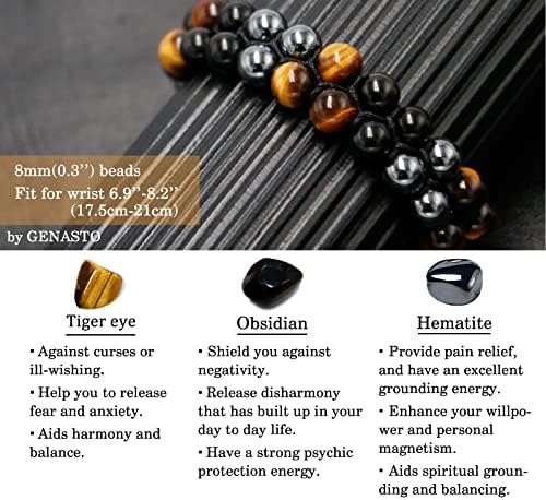 Healing Crystals Tigers Eye Black Obsidian Hematite 8mm Stone Beads Good Luck Triple Protection Bracelet for Men Women