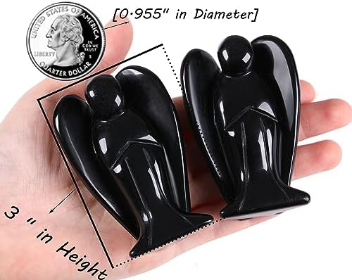 QINJIEJIE 3" Black Obsidian Crystal Angel Decor Healing Peace Angel Stone Figurine Polished Gemstone Guardian Statue Room Desk Office Hand Carved Decorations Energy Gifts for Women & Men