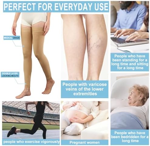 Medical Thigh High Compression Socks Footless for Women and Men (Pair), 15-20 mmHg with Silicone Dot Band, Medical Compression Stockings for Varicose Veins