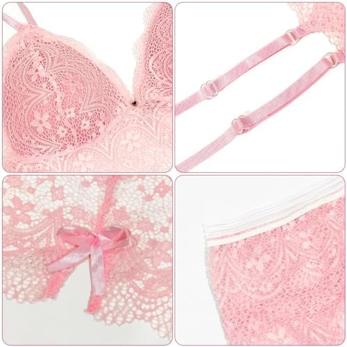 Sexy Sheer Floral Lace Pajamas Lingerie High Waist Sleepwear Bra and Panty 2 Piece Nightwear Underwear Cami Shorts