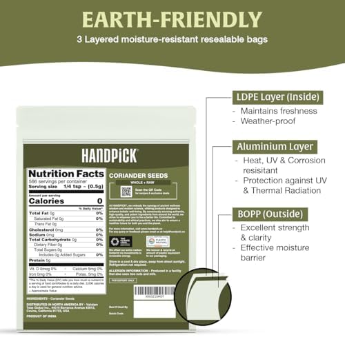 HANDPICK Whole Coriander Seed (283g/10oz) Premium Grade | Pure & Flavorful Coriander Seeds - Indian Origin | Non GMO, Gluten Free | Perfect for Cooking & Seasoning | Resealable Ziplock Pouch