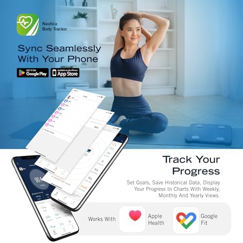 Nautica Body Tracker Digital Bathroom Scale, Bluetooth-Enabled Smart Scale with BMI, Body Fat, Muscle Mass Tracking & More, Syncs with Smartphone App for Body Composition Tracking, 396 Lbs.