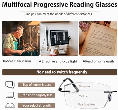 Photochromic Progressive Multifocal Reading Glasses Men Women Rimless Multifocus Readers Diamond Cut Blue Light Blocker No Line Spring Hinge Titanium Eyeglasses Transition Sunglasses With Readers 2.5