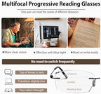 Photochromic Progressive Multifocal Reading Glasses Men Women Rimless Multifocus Readers Diamond Cut Blue Light Blocker No Line Spring Hinge Titanium Eyeglasses Transition Sunglasses With Readers 2.5