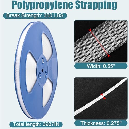 MYFAMIREA Packaging Strapping Banding Roll with Pallet, 0.55'' x 3937'' Heavy Duty Pallet Strap 350 LBS Break Strength, Polypropylene(PP) Plastic Strapping for Box Packaging and Shipping, Clear