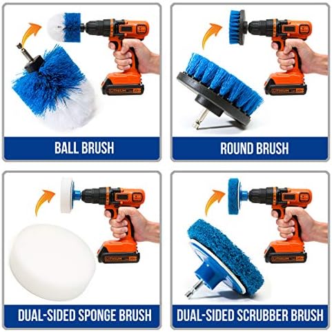 RevoClean 4 Piece Scrub Brush Power Drill Attachments-All Purpose Time Saving Kit-Perfect for Cleaning Grout, Tile, Counter, Shower, Grill, Floor, Kitchen, Blue & White