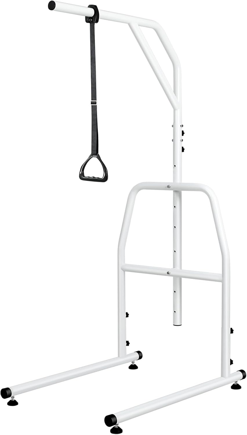 Trapeze Bar for Bed Mobility, Heavy Duty Pull Up Assist Bar with Floor Stand, 5Ft-7Ft Height Adjustable Trapeze Bar, Medical Patient Mover for Care Facilities, White