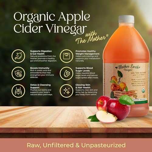 Mother Earth, Organic Apple Cider Vinegar with The Mother, Half Gallon, Fresh Pressed Organic Apples, OACV, ACV, Raw, Unpasteurized, Unfiltered (1/64oz Bottle)