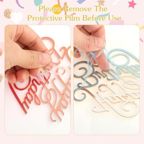 6 PCS Happy Birthday Side Cake Toppers Pink Mirror Side Cake Toppers DIY Acrylic Glitter Cake Inserts Celebration Birthday Party Event Cupcake Decorations (Rose Gold)