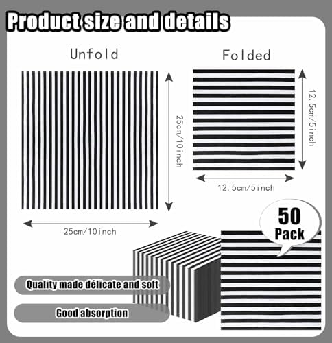 SietDESEO 50 Pieces Black Striped Napkins Disposable 3-Ply Black and White Striped Cocktail Napkins Paper Dinner Napkins for Birthday Baby Shower Wedding Party Beverage Napkin