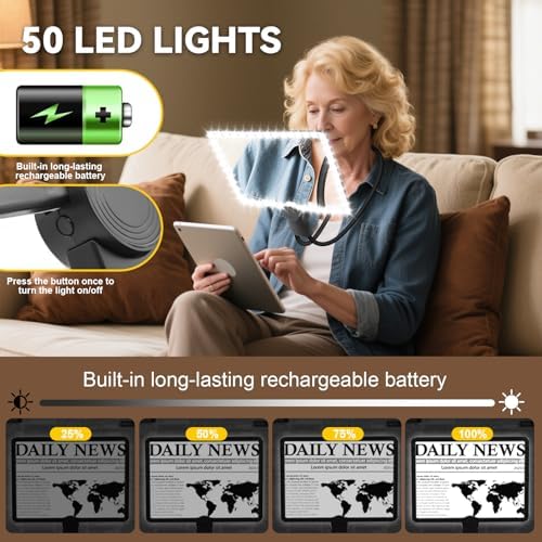 Large 10x Magnifying Glass with Lights for reding Hands-Free Rechargeable Full-Page Reading Magnifier for Books 50 LED Lights Magnifying Glass Around the Neck, Crafts, Sewing, Low Vision, and Seniors