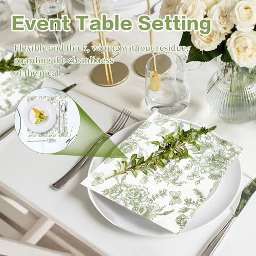 Mwellewm 100Pcs Sage Green Floral Napkins Beverage Cocktail Napkin Disposable Green Paper Dinner Napkin Fancy Decorative Hydrangea Flower Guest Hand Towel for Wedding Bridal Baby Shower Birthday Party