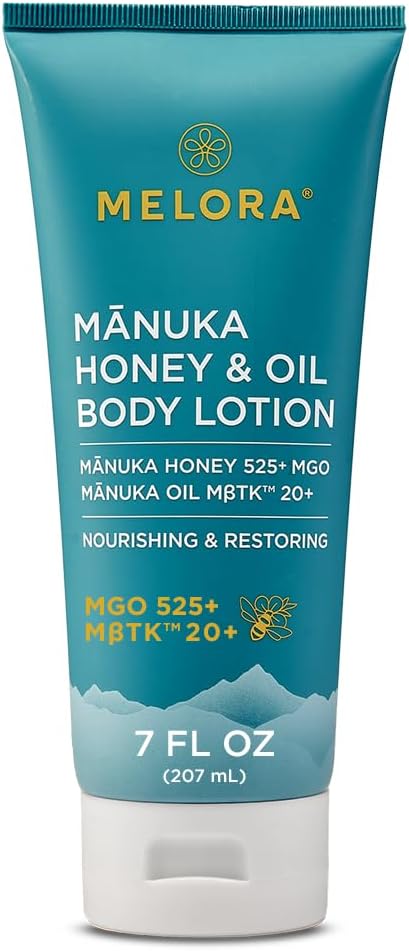 MELORA Manuka Honey Body Lotion (7oz), Moisturizing Lotion with Soothing Manuka Honey & Oil for Dry, Very Dry, Sensitive, or Aging Skin – Cream Moisturizer for Women & Men