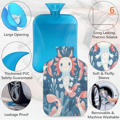 Cute Axolotl Hot Water Bottle with Cover 2L Large Hot Water Bag for Menstrual Cramps, Neck and Shoulder Pain Relief, Hot Cold Therapy, Hand Feet Warmer