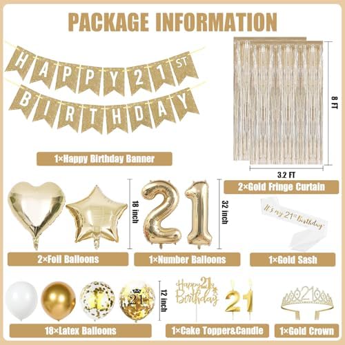 HILAVO 21st Birthday Decorations for Her, Champagne Gold Happy 21st Birthday Decorations with 21 Years Old Sash, Crown, Fringe Curtains, Balloons, Banner, Cake Topper for Women 21 Bday Party Supplies