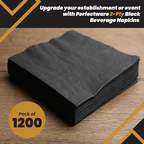 Perfectware 2ply Black Beverage Napkins. 1200 Count 2Ply Cocktail Black Napkins. 10 x 10 Black Beverage Napkin. Pack is 4 Packs of 300 Count. Total 1200 Napkins