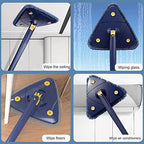 360 Degree Rotatable Adjustable Cleaning Mop,52.1'' Telescopic Triangular Mop with Automatic Water Squeezing Function for Floor Window Ceiling,with 4 Replacement Microfiber Pads (Blue)