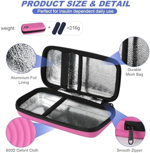 CDBXPRG Insulin Cooler Travel Case,Diabetic Cold Pack Organizer Bag with 2 Reusable Ice Packs for Insulin Pen and Other Medication Diabetic Supplies Pink