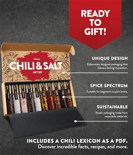 TIMBER TASTE® Hot Salt & Chili Gift Set for Men [UP TO 950,000 SCOVILLE] - 10 Gourmet Spicy Salts & Chili Blends | Seasoning Gift Set for Him | Spice Sampler | Food Basket | Hot Spices for Dad
