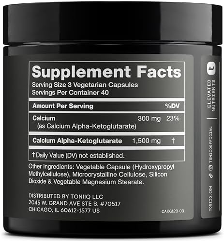 Toniiq 1500mg Ultra High Purity Ca AKG Supplement - 99%+ Highly Purified and Bioavailable Calcium Alpha-Ketoglutarate - Calcium AKG Longevity Supplement - 120 Ca-AKG Vegetarian Capsules