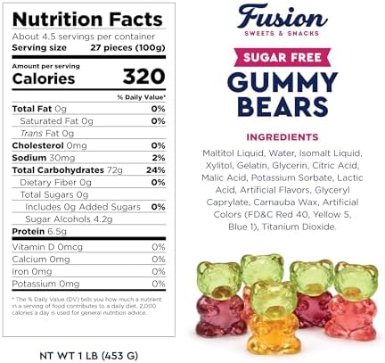 Sugar Free Gummy Bears 1 Pound Bulk Bag, 3D Chewy Candy, Assorted Fruit Flavors, Sugar Free Gummies, Low Carb Keto Friendly, Diabetic Candy