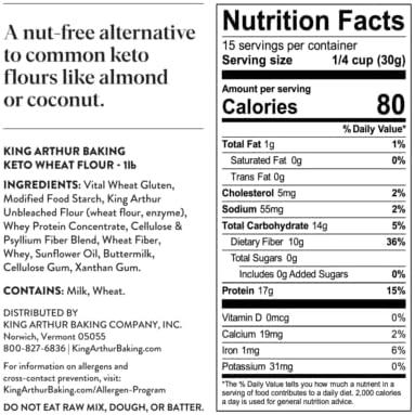 King Arthur Keto Wheat Baking Flour: 1:1 All-Purpose Flour Substitute, 1 lb (Pack of 1) - Low-Carb Baking Solution for Bread & More, Non-GMO, Resealable Bag - Perfect for Keto Diet & Reduced Carb Intake