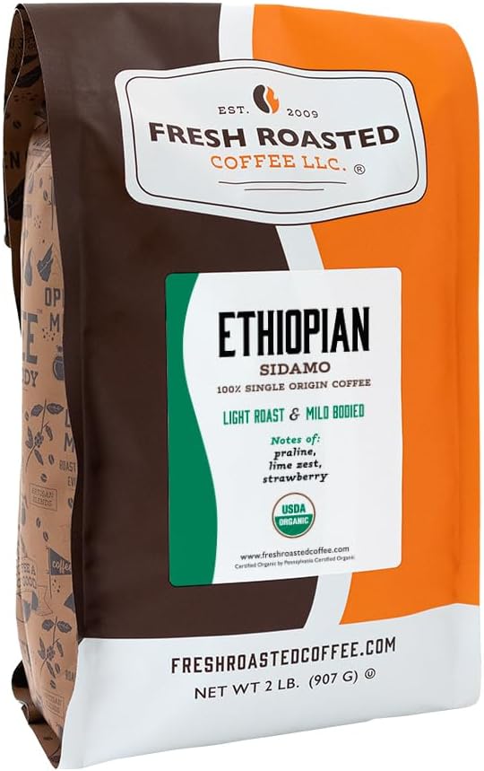 Fresh Roasted Coffee, Organic Ethiopian Sidamo | USDA, 100% Single Origin, Kosher | Light Roast 2 lb (32 oz) Whole Bean