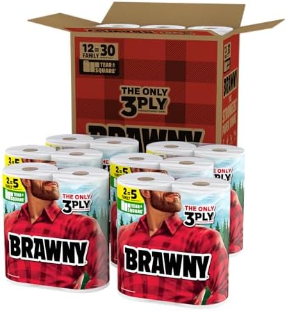 Brawny Tear-A-Square 3-Ply Paper Towels, 12 XL Family Rolls = 30 Regular Rolls, Strong, Absorbent, and Durable with 3 Sheet Sizes (Quarter, Half, Full)