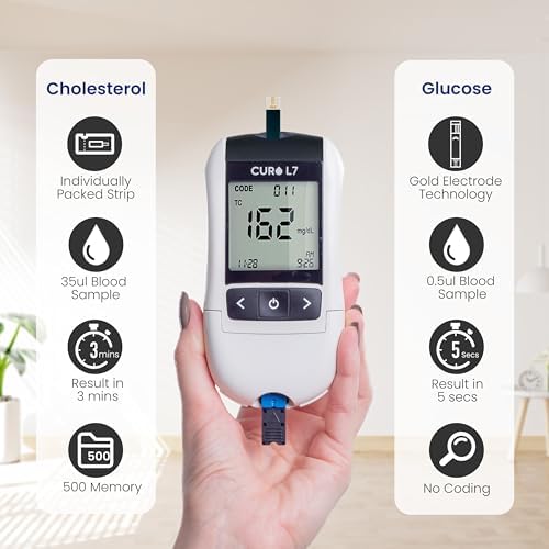 CURO L7 Portable Cholesterol & Glucose Testing Kit, Easy at-Home Use, Instant 6-in-1 Lipid Panel & Blood Sugar Results, Total, HDL, LDL, Triglycerides, Glucose