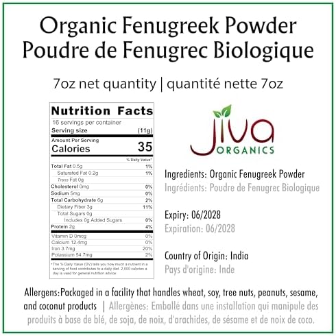 Jiva Organics Organic Fenugreek Powder 7oz Bag - Gluten Free, Non-GMO, Methi Powder, Pure, Raw & Natural - Great As A Spice Or Even For Hair Growth - Product of India