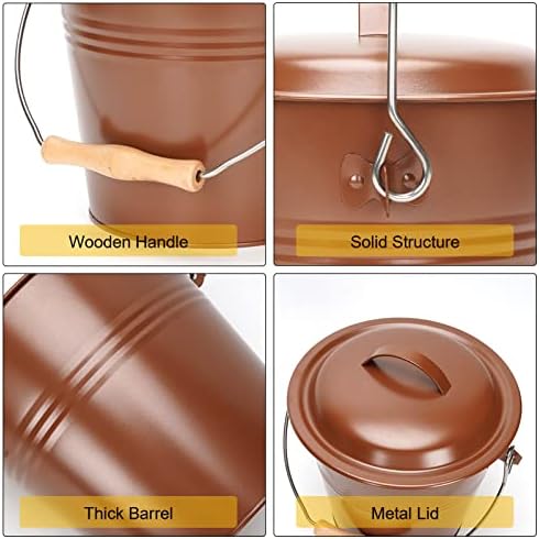 Mini Ash Bucket with Lid, 1.5-Gallon Pail with Shovel and Hand Broom, Metal Bucket Coal and Ash Carrier (Copper)