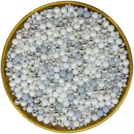 Dynastang Mixed Size Light Grey & Silver & White Pearls Sprinkles Edible Pearls Cake Decorations Cupcake Toppers Decorating Perfect for Cakes, Cupcakes, Desserts 3OZ