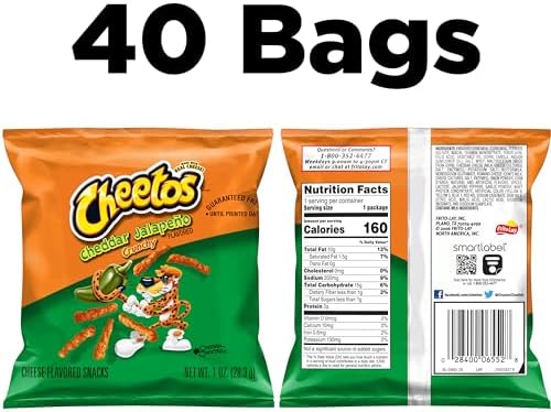 Cheetos Cheese Flavored Snacks, Cheddar Jalapeno Crunchy, 1 Ounce (Pack of 40)