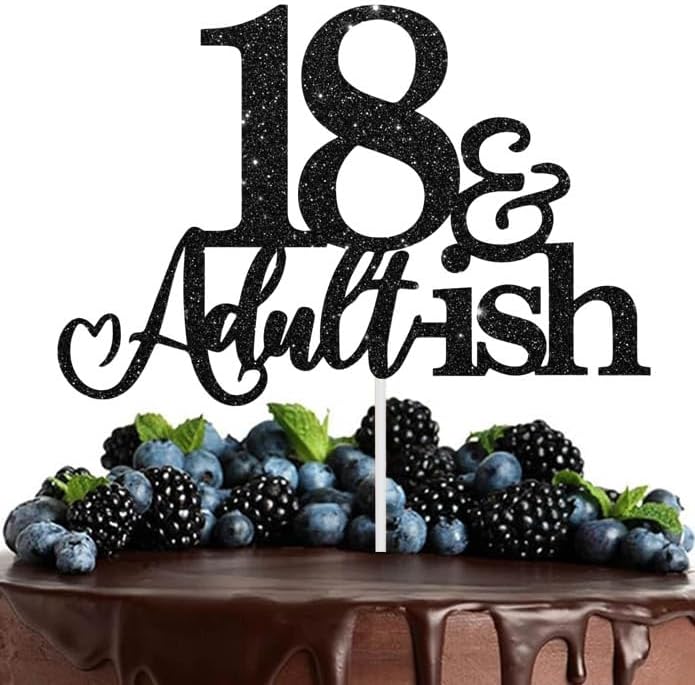 18th Birthday Cake Topper Black Glitter Happy 18th Bday Cake Topper 18 Cake Topper and Adultish for 18 Birthday Decorations 18th Birthday Decor 18 Bday Decorations for Girls Boys