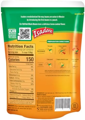 Isadora Refried Beans Variety Pack (6 Pack, 3 Each), Delicious Original and Black Refried Pinto Beans in Pouch, Gluten Free Microwave Food Premade Meals, Plant Based Protein,15 oz Bags