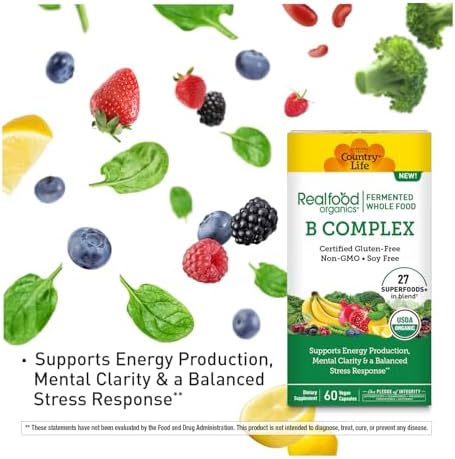 Country Life Realfood Organics B Complex – Whole Food Vitamin B from Fermented Superfoods – USDA Organic, Vegan, Non-GMO, Gluten-Free – Supports Energy Production & Mental Clarity* – 60 Capsules