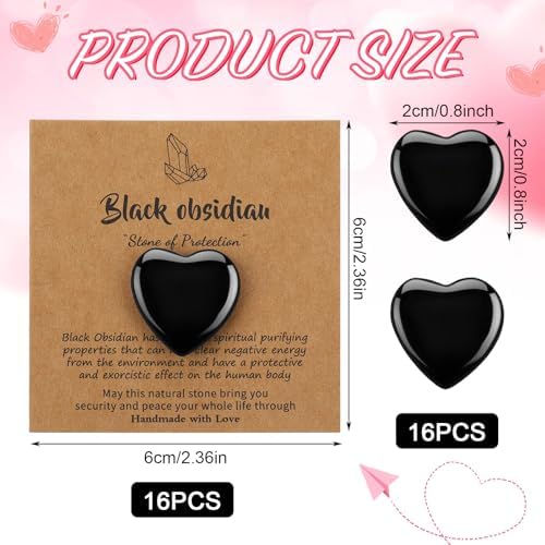 32 Pack Black Obsidian Heart Stone Gift Sets Bulk 0.8 Inch 16 Pcs Crystal Gemstone Crystals Rock with 16 Pcs Cards for Men Women