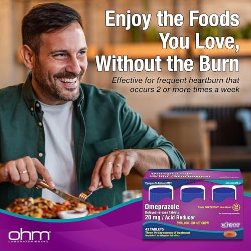 Ohm Omeprazole 20mg, 42 Delayed-Release Tablets, Acid Reducer for Frequent Heartburn, 24-Hour Relief Heartburn Medicine, Helps Relieve Stomach & Chest Discomfort (6 Weeks of Supply, 42, Count)