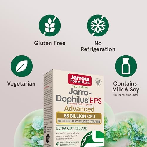 Jarrow Formulas Jarro-Dophilus EPS Advanced, 55 Billion CFU Probiotics, Digestive Support for Adults, 30 Probiotic Supplement Veggie Capsules, Up to 30 Day Supply